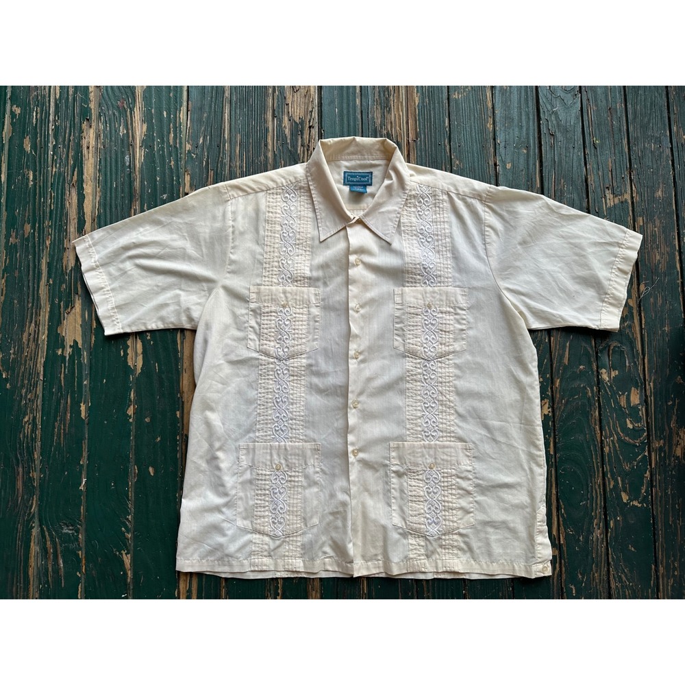 TropiCool Mens Guayabera Shirt Cream Short Sleeve Embroidered Pleated LGE RG